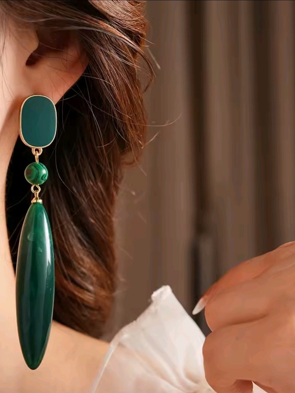 Elegant Green Drop Earrings with Gold Accents - Women Jewelry - Picture 3 of 6